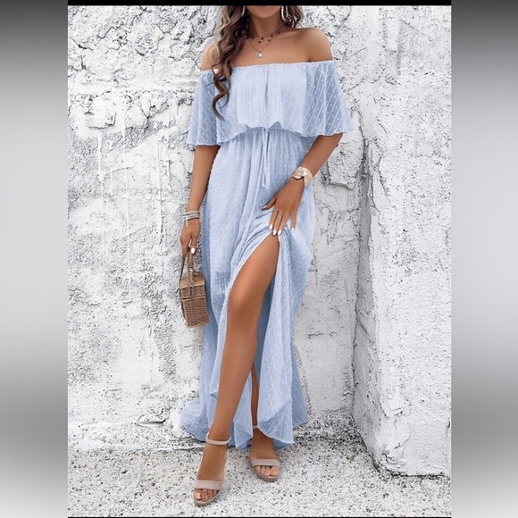 NEW Elegant Off-Shoulder Baby Blue Maxi Dress - Picture 4 of 5